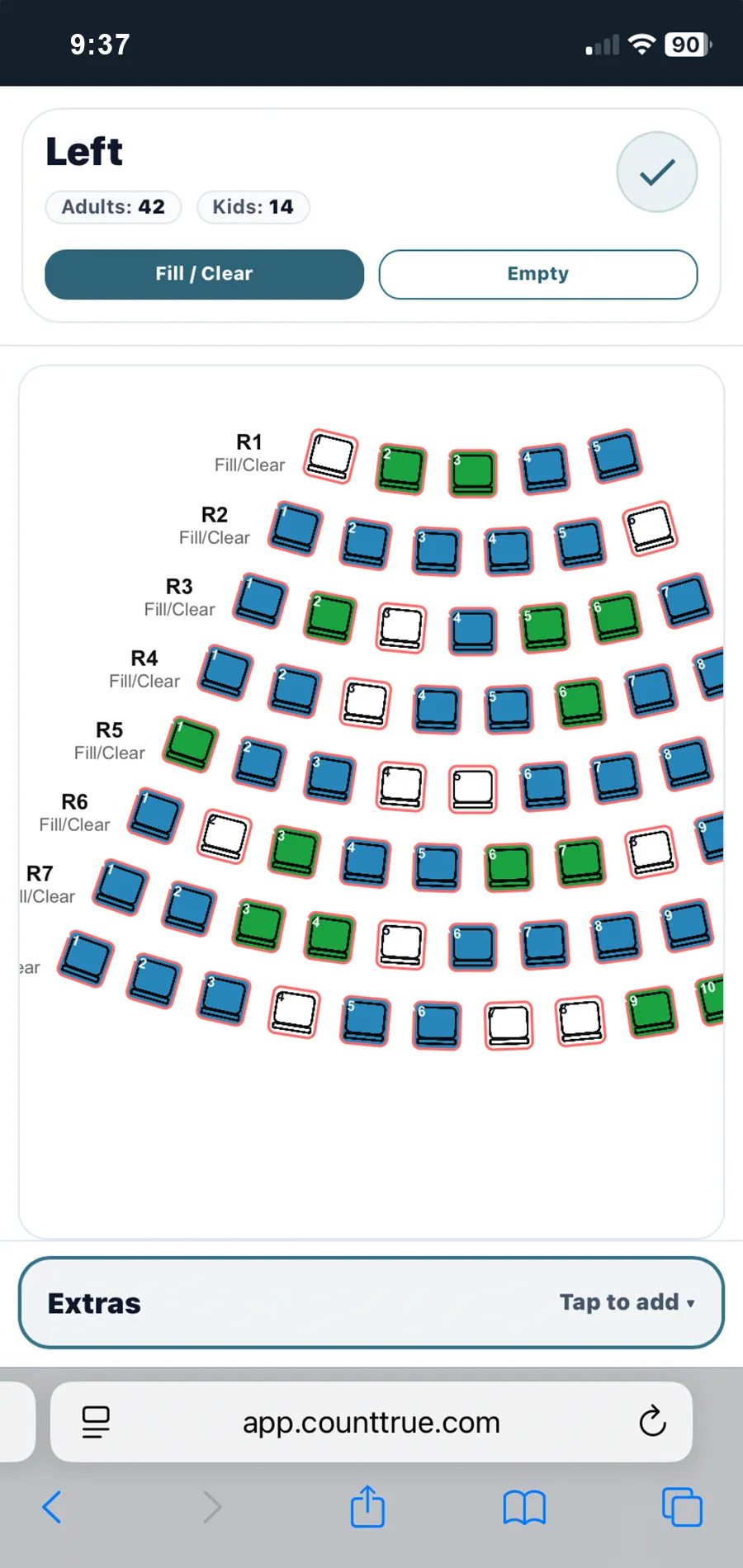 Seating layout counting mode on mobile